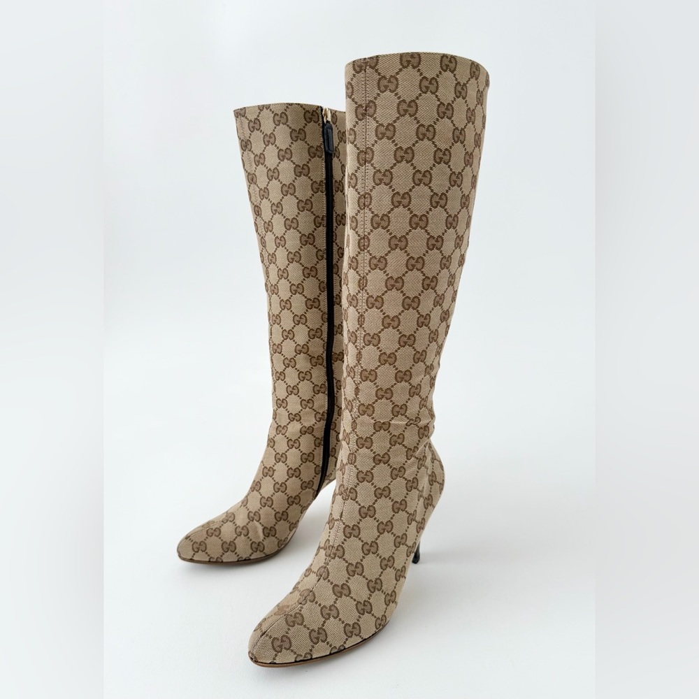 Gucci Beige Monogram Knee-High Heeled Boots - Picture 4 of 16